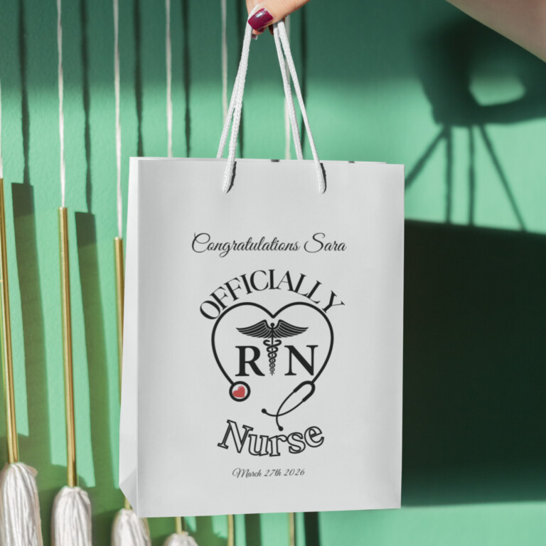 Officially RN graduation gift bag personalized with name Sara and graduation date, Registered Nurse gift bag with stethoscope heart design