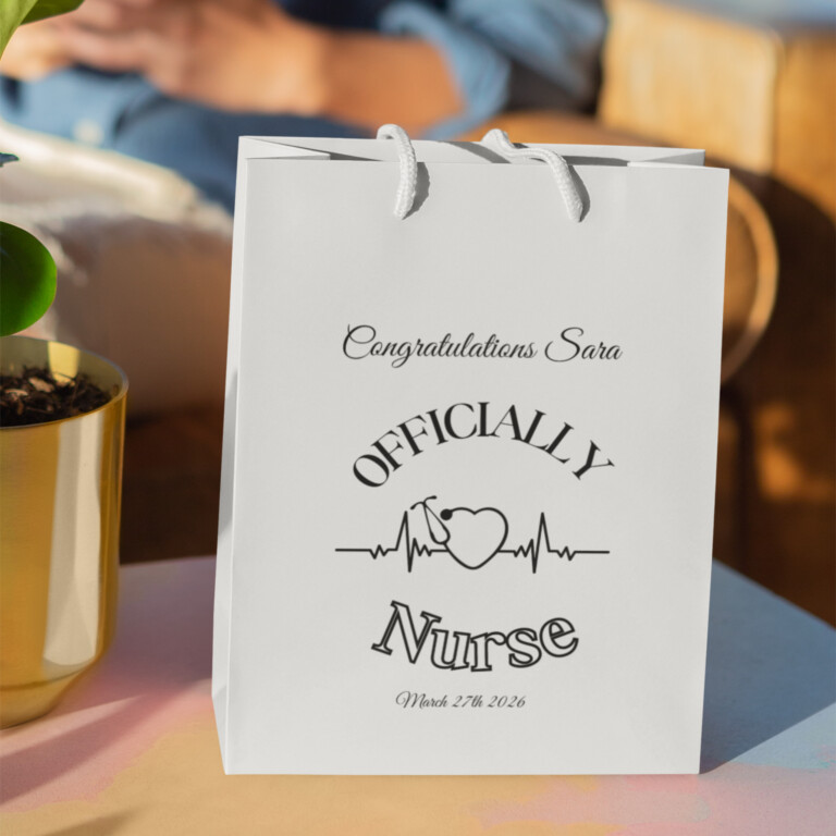 Officially Nurse graduation gift bag with heartbeat design, personalized nurse gift bag with custom name Sara and graduation date