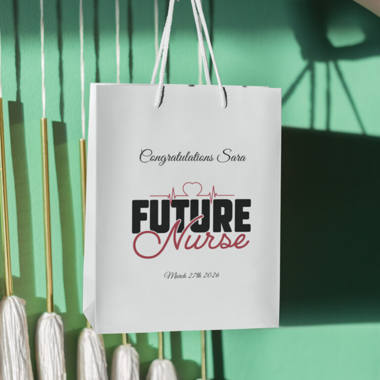 Personalized Future Nurse graduation gift bag with heartbeat design, custom name Sara and graduation date, white nursing school graduation gift bag