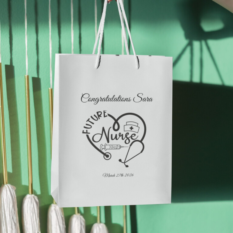 Personalized Future Nurse Graduation Gift Bag with name Sara and graduation date, white gift bag with rope handles for nursing school graduation gift