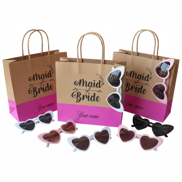 Personalized Maid of Bride gift bag with heart sunglasses for bridal party celebrations, bridal shower favors, bridesmaid gifts, wedding welcome bags, and bachelorette party accessories. Handmade bridal party bag with custom name personalization and trendy heart-shaped sunglasses in pink, white, black, and nude colors.