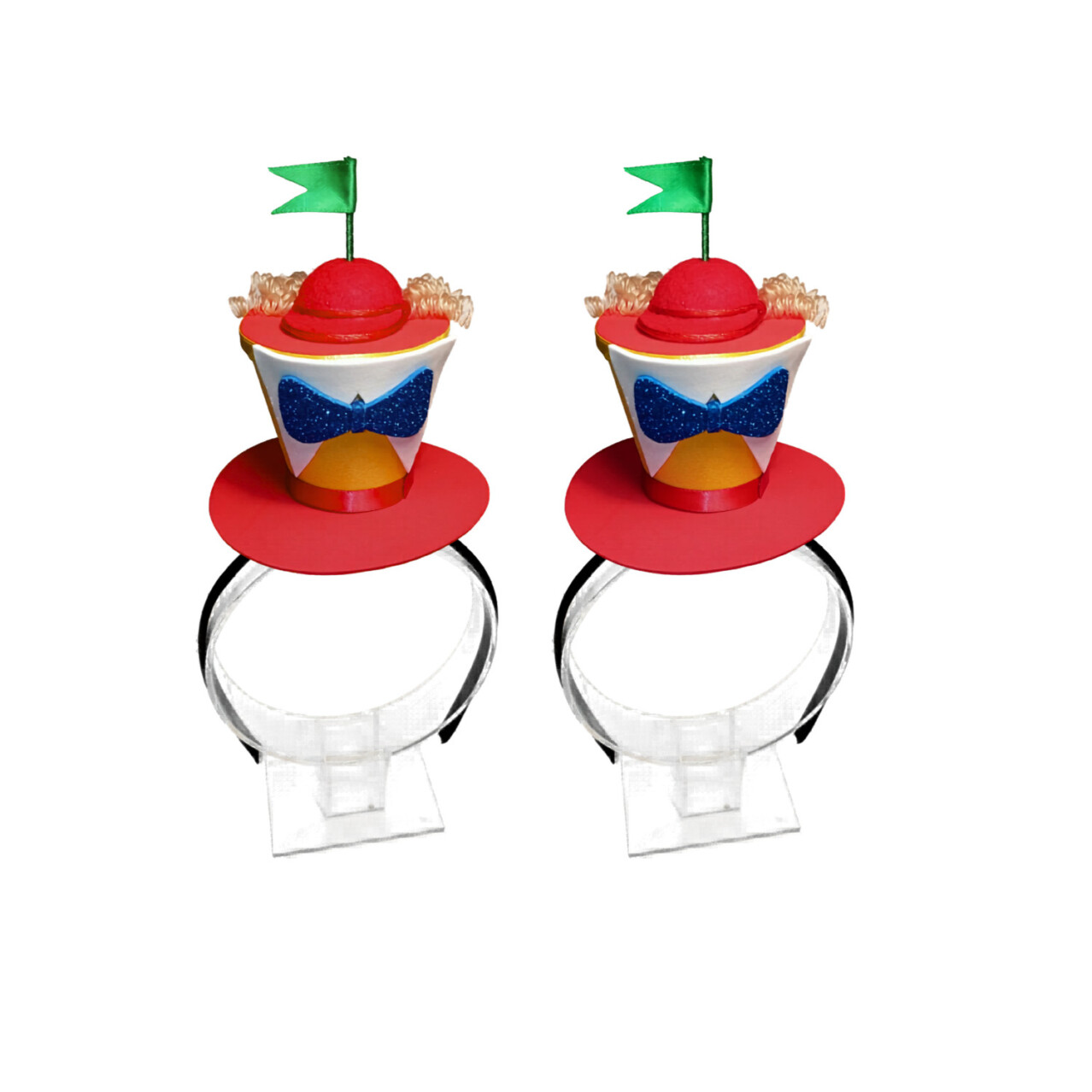 Handmade Tweedle Dee and Tweedle Dum headband inspired by Alice in Wonderland featuring colorful mini party hats with blue glitter bow accents, red hat details, curly hair accents, and whimsical Wonderland design for Mad Hatter tea parties, birthday parties, costume events, and storybook themed celebrations.