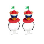 Handmade Tweedle Dee and Tweedle Dum headband inspired by Alice in Wonderland featuring colorful mini party hats with blue glitter bow accents, red hat details, curly hair accents, and whimsical Wonderland design for Mad Hatter tea parties, birthday parties, costume events, and storybook themed celebrations.