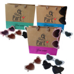 Personalized bachelorette welcome bags with heart sunglasses in pink, blue, and green colors for hen parties, bridal weekends, and wedding welcome gifts.