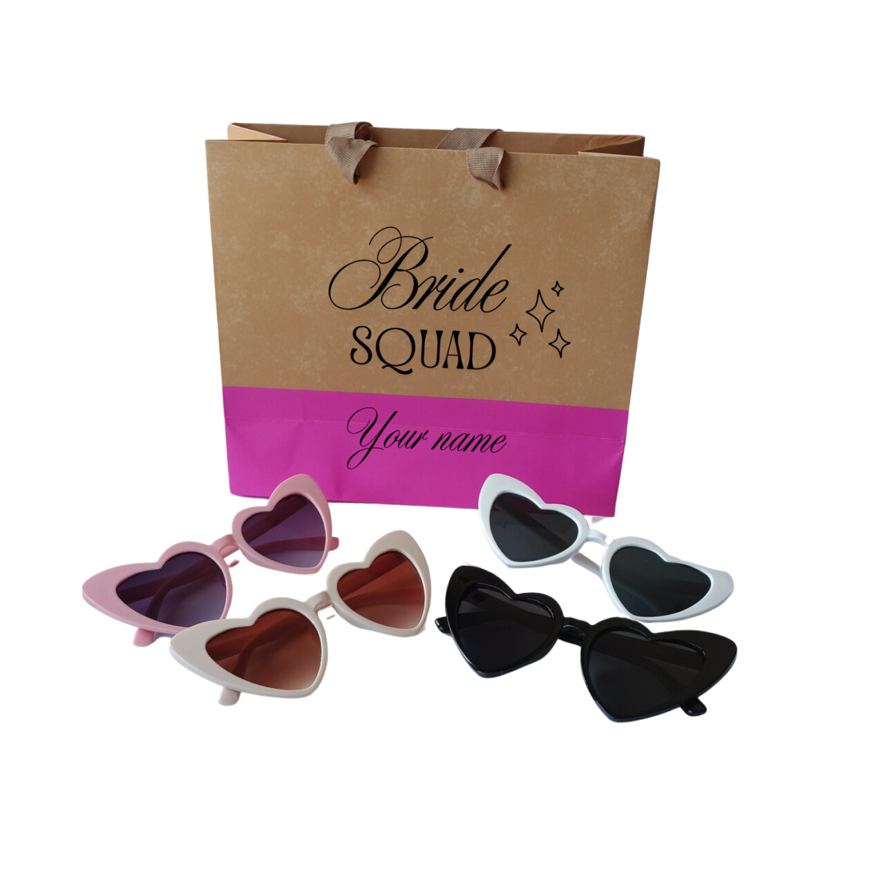 Personalized Bride Squad gift bags with heart sunglasses